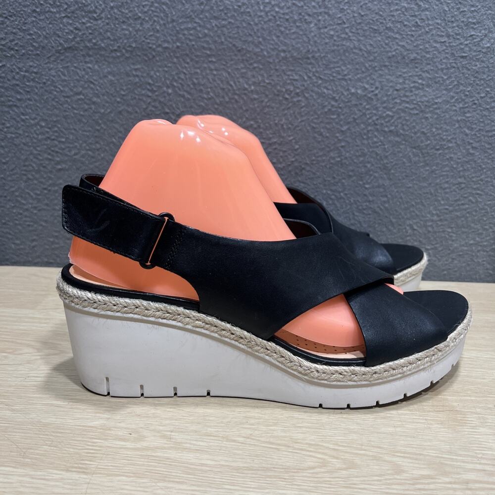 Clark's Artisan Wedge Sandal Black Leather Rubber Sole Womens Size 12M - Picture 3 of 12